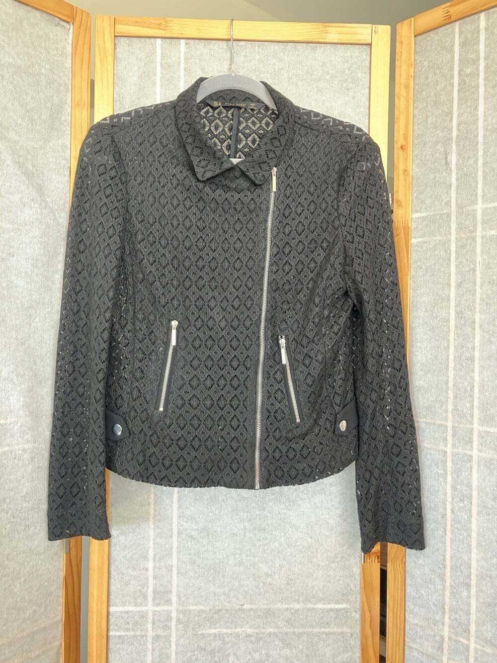 ZARA Black Lace Biker Moto Jacket Zip Up, Medium, Hipster, City, 90s Urban Retro